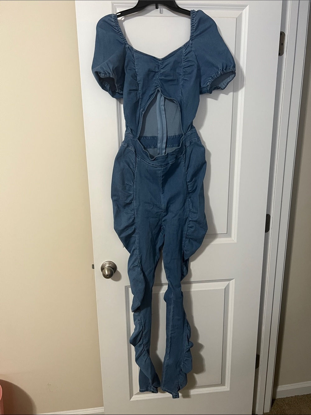 Fashion Nova Blue Cutout Puff Sleeve Jumpsuit
